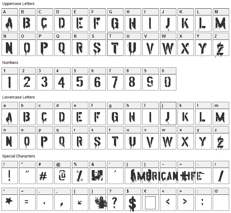 American Life Font Character Map