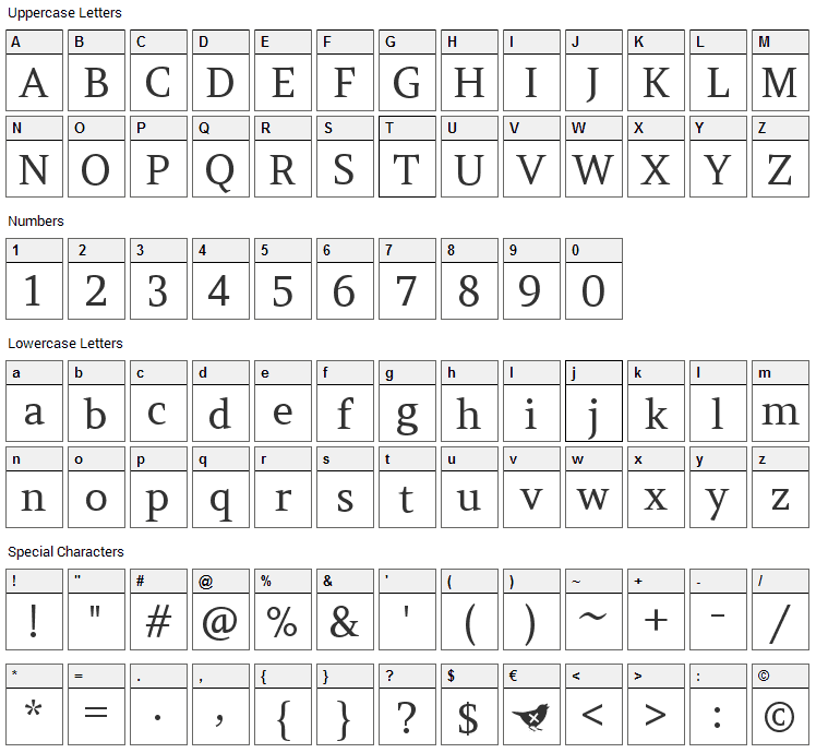 Amethysta Font Character Map