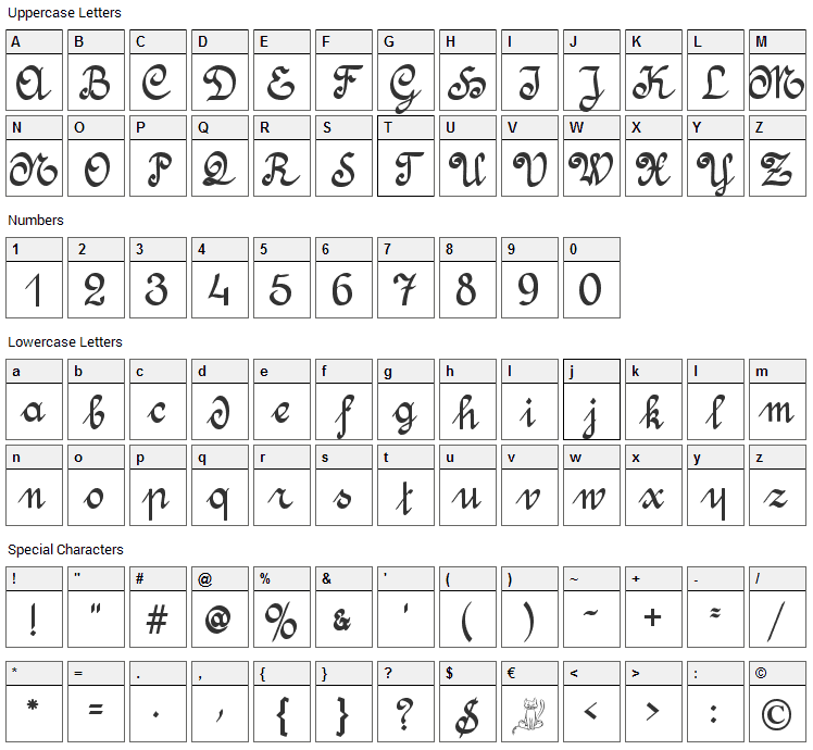 Amptmann Script Font Character Map