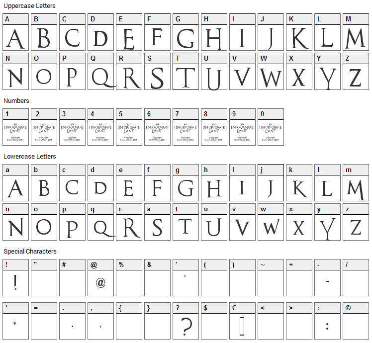 An Unfortunate Event Font Character Map