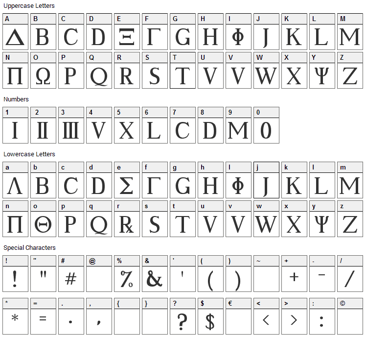 Ancient Geek Font Character Map