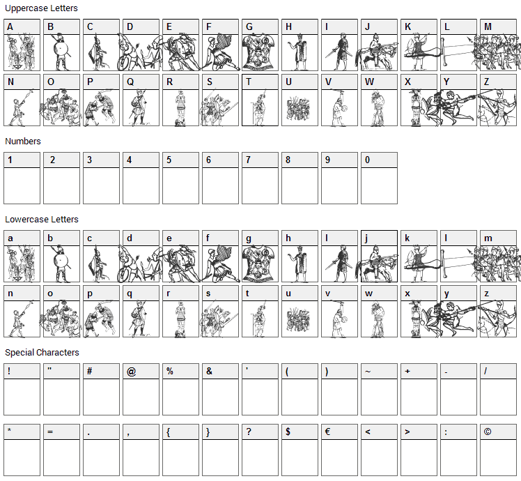 Ancient Warriors and Weapons Font Character Map