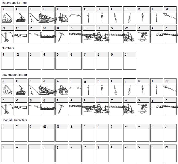 Ancient Weapons Font Character Map