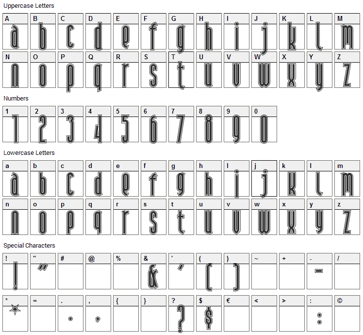 Andiron Outline Font Character Map