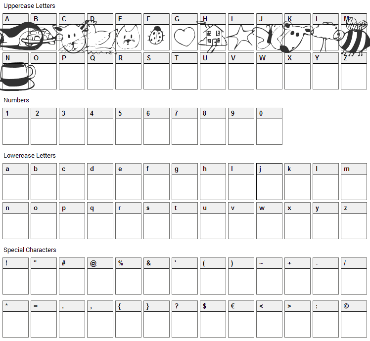 Andis Critters Font Character Map