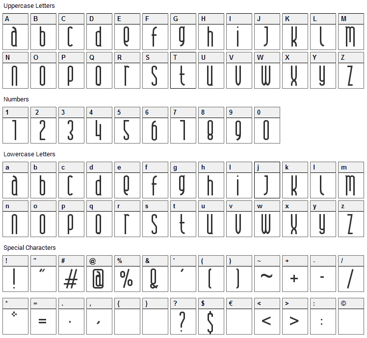 Andover Font Character Map