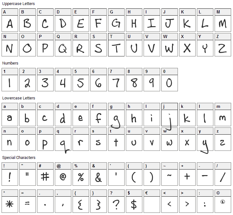 Andrew Script Font Character Map