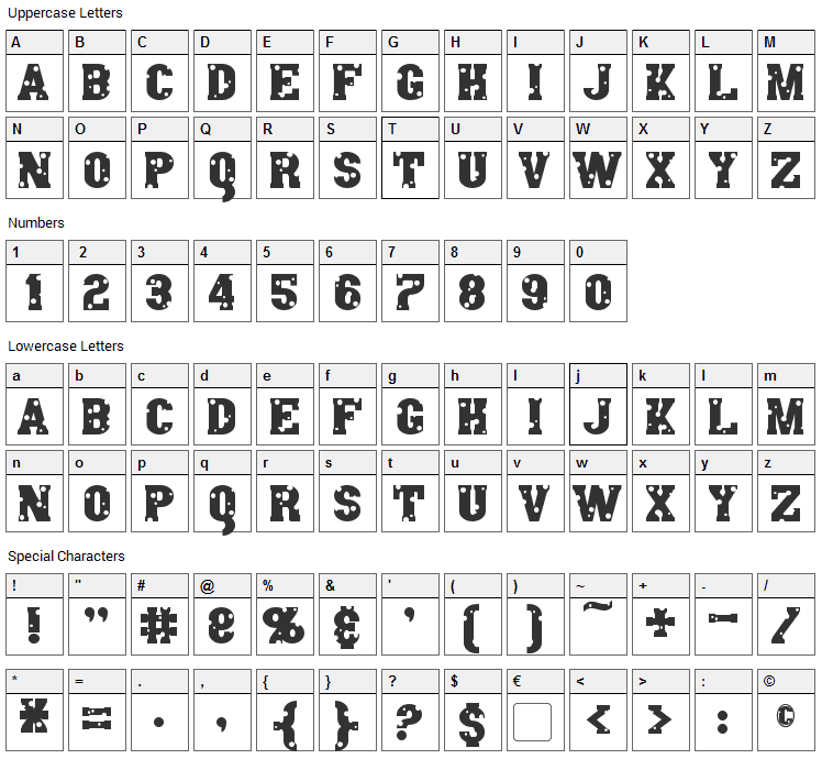 Angel Arms Font Character Map