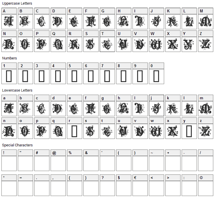 Angel Normal Font Character Map
