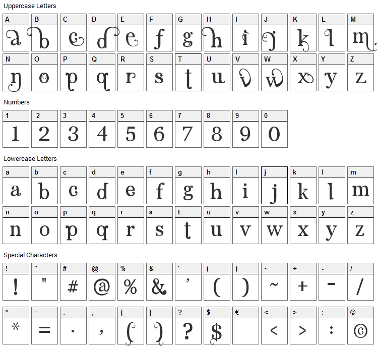 Angelic Serif Font Character Map