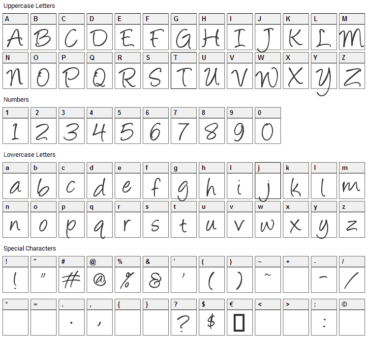 Angelina Font Character Map