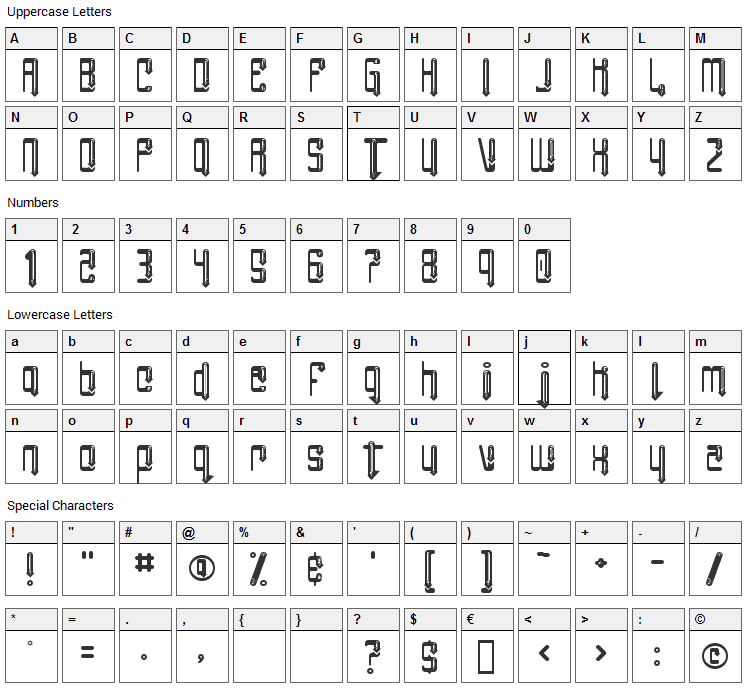 Angie Impressing Font Character Map