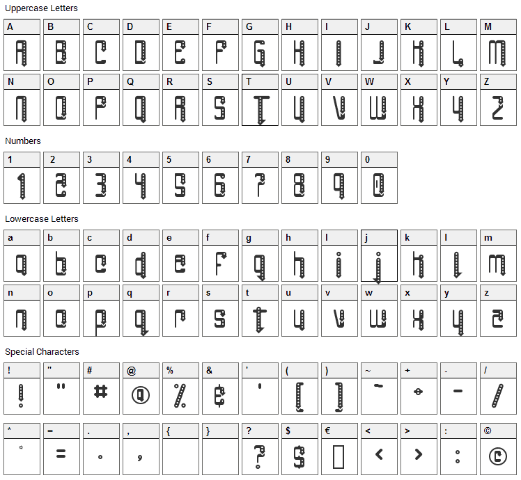 Angie Pierced Font Character Map