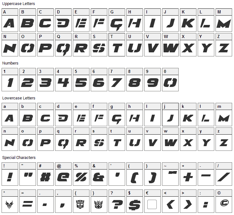 Angolmois Font Character Map