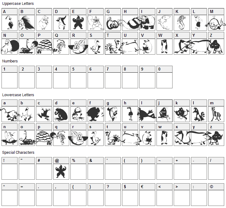 Animal Comedians Font Character Map