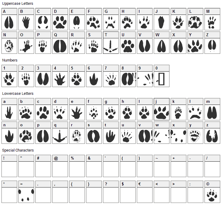 Animal Tracks Font Character Map