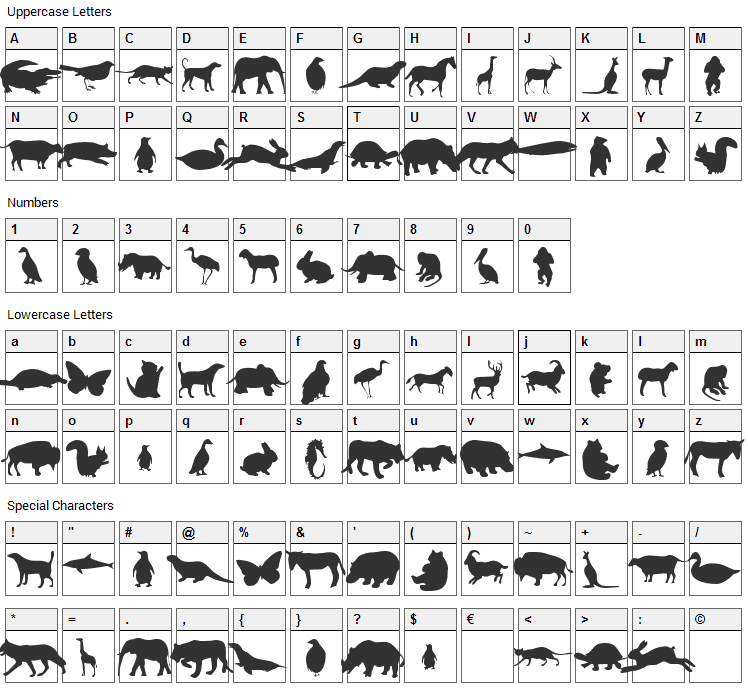 Animals Font Character Map