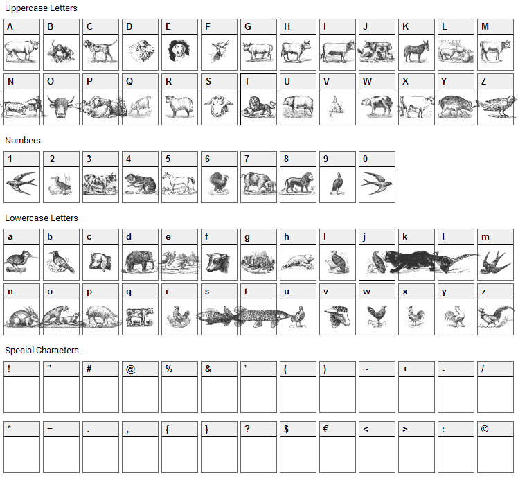 Animals Old Cuts Font Character Map