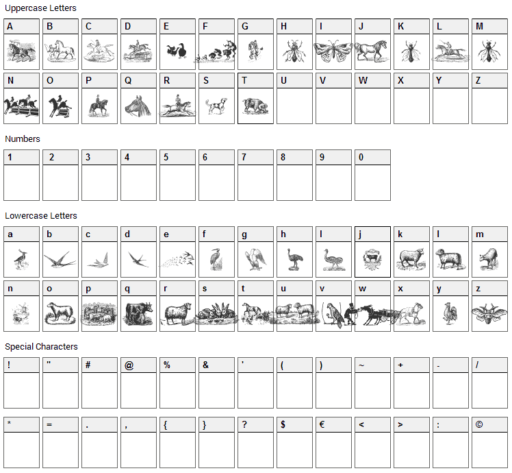 Animals Old Cuts Two Font Character Map