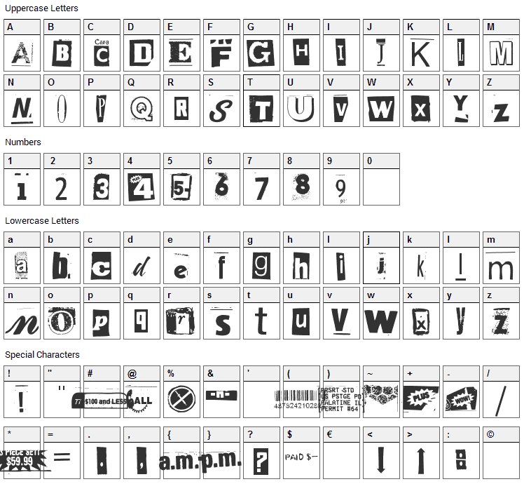 Anonymous Clippings Font Character Map