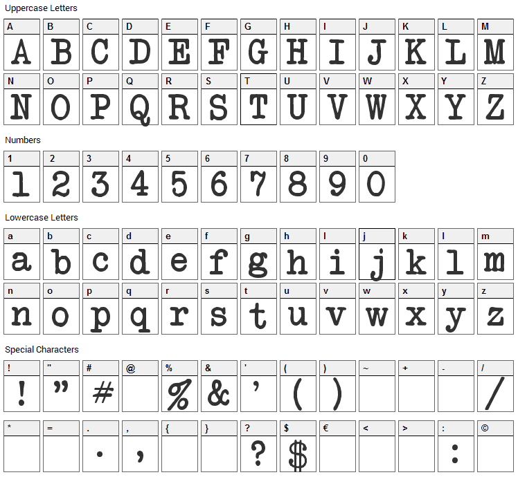 Another Typewriter Font Character Map