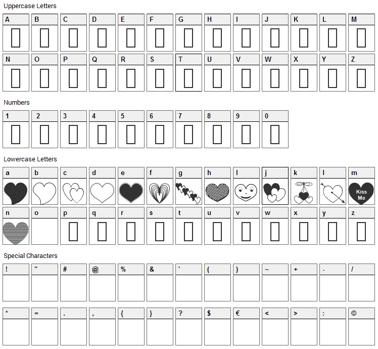 AP Justhearts Font Character Map