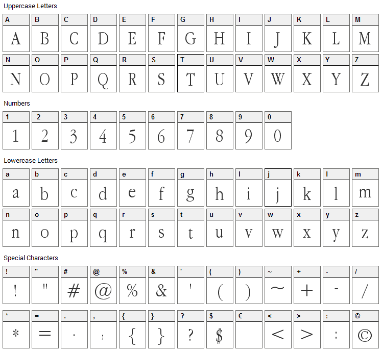 Apple Garamond Font Character Map