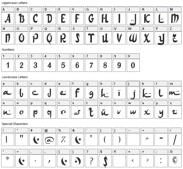 Arab Dances Font Character Map