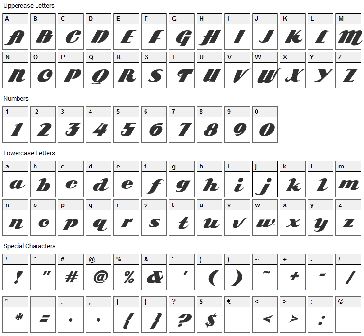 ARB 85 Poster Script JAN-39 Font Character Map
