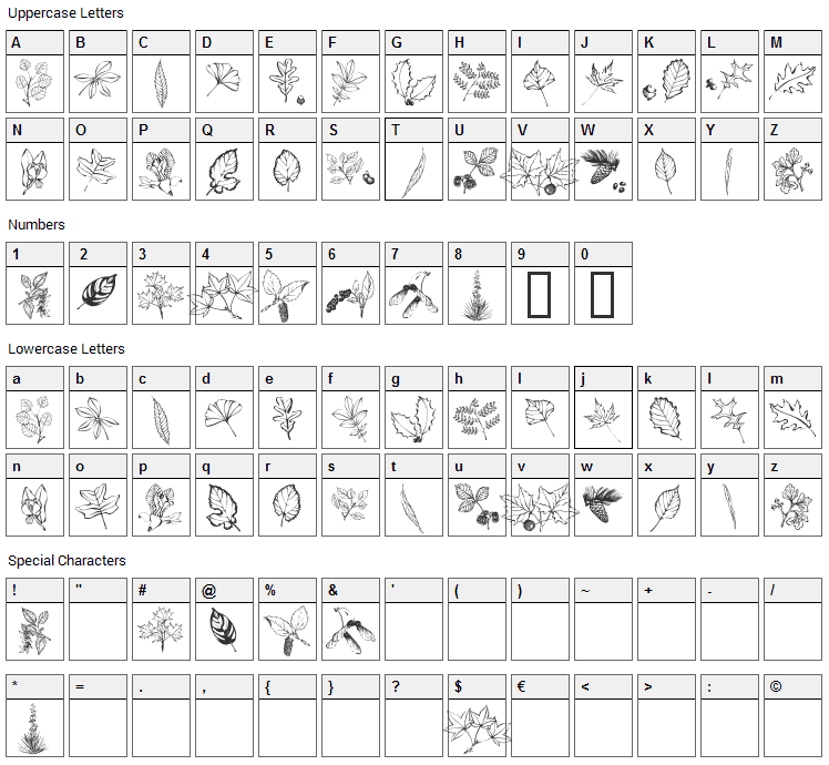 Arboris Folium Font Character Map