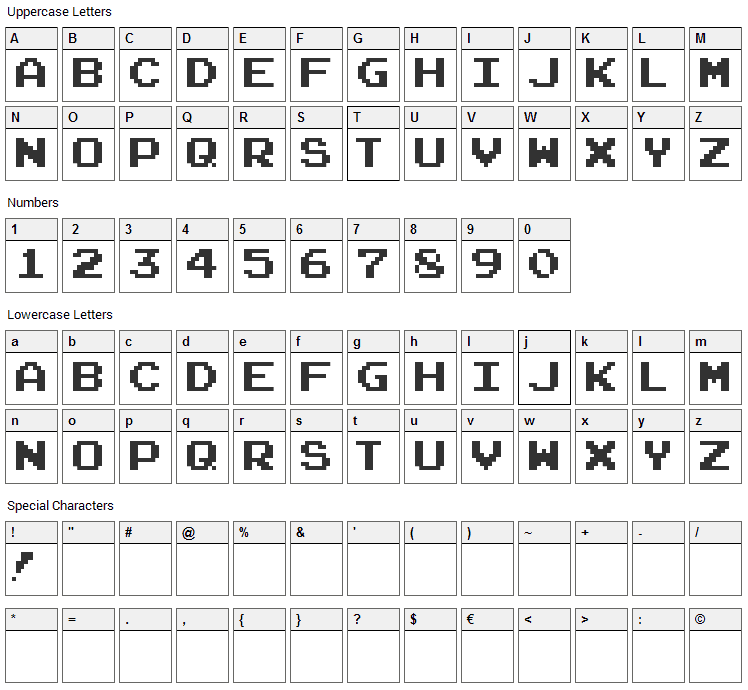 Arcade Classic Pizz Font Character Map