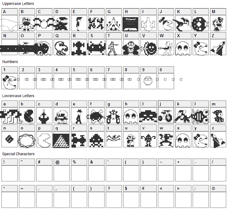 Arcade Font Character Map