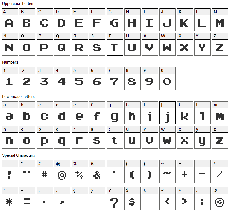 Arcadepix Font Character Map