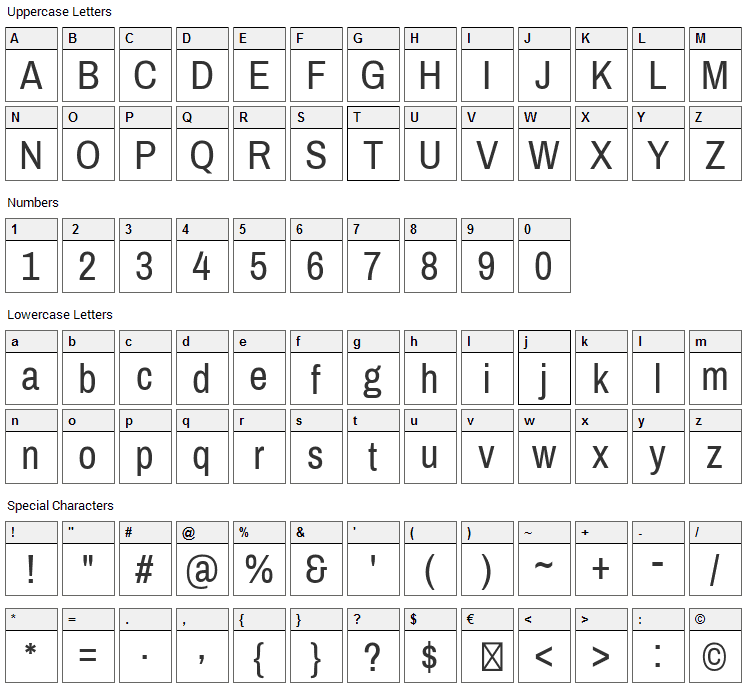 Archivo Narrow Font Character Map