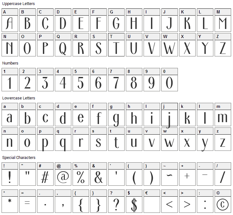 Ardeco Font Character Map