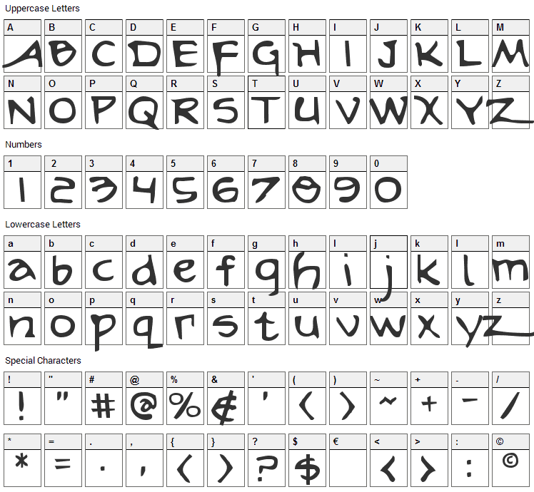 Arilon Font Character Map