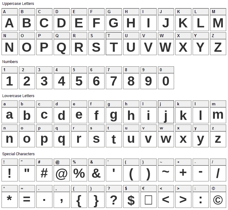 Arino Font Character Map