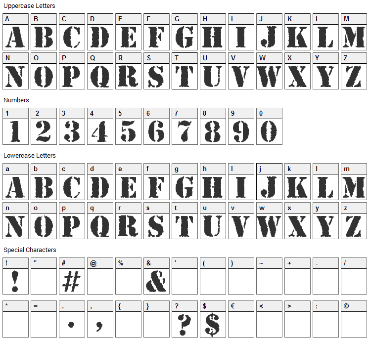 Army Rust Font Character Map