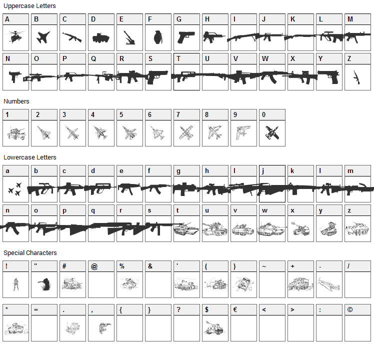 Army Weapons Font Character Map