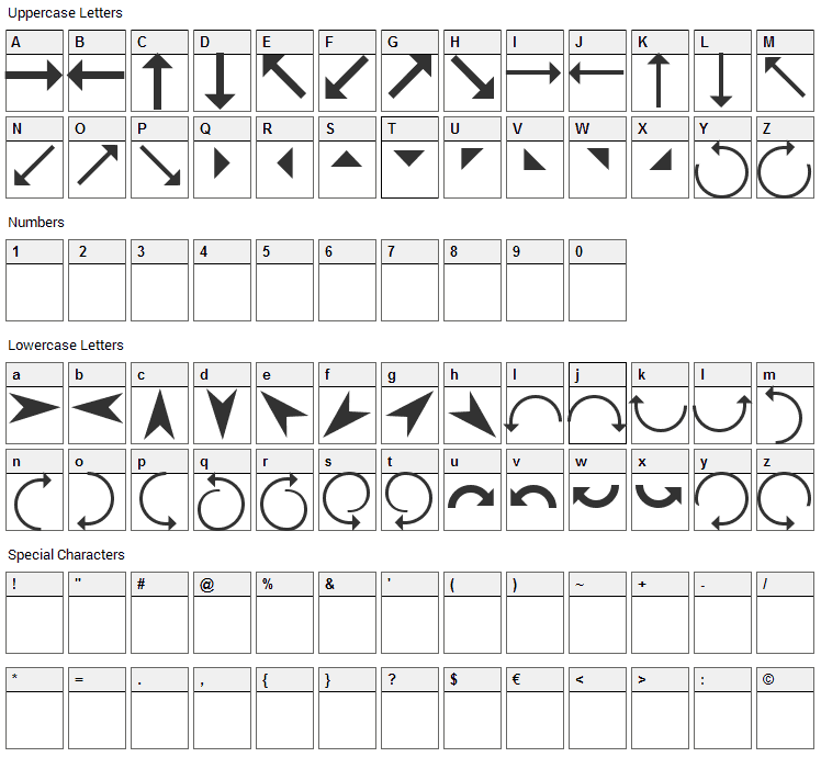 Arrows Font Character Map