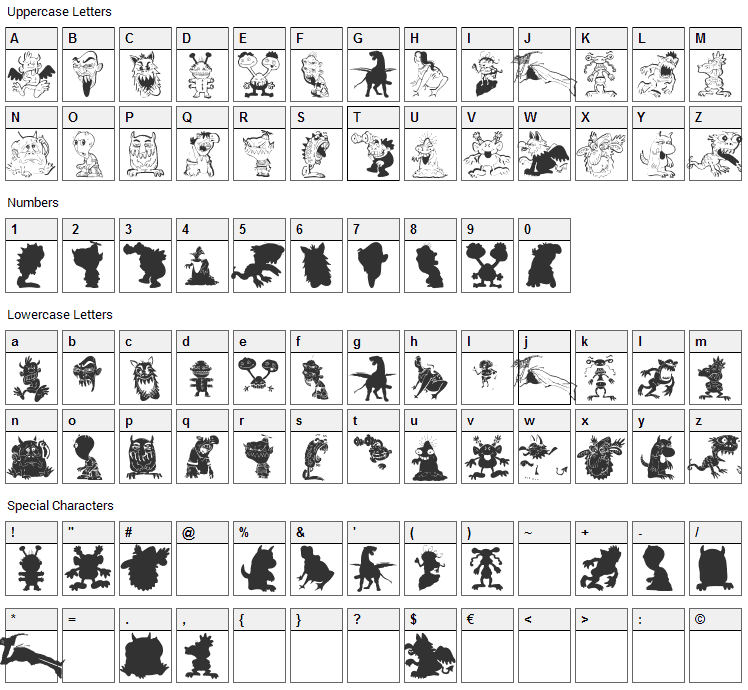 Art Monsters Font Character Map