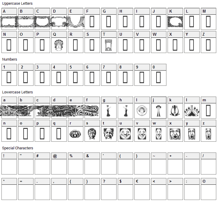 Art Noveau Headers Font Character Map
