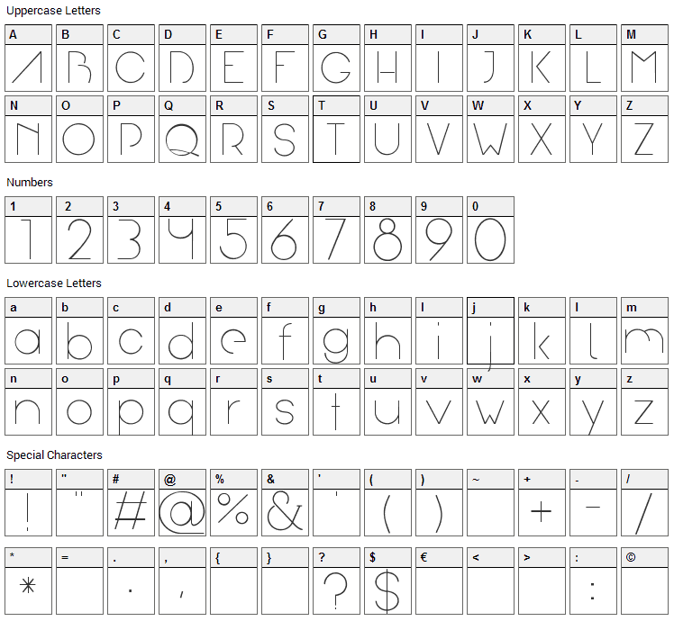 Arual Font Character Map