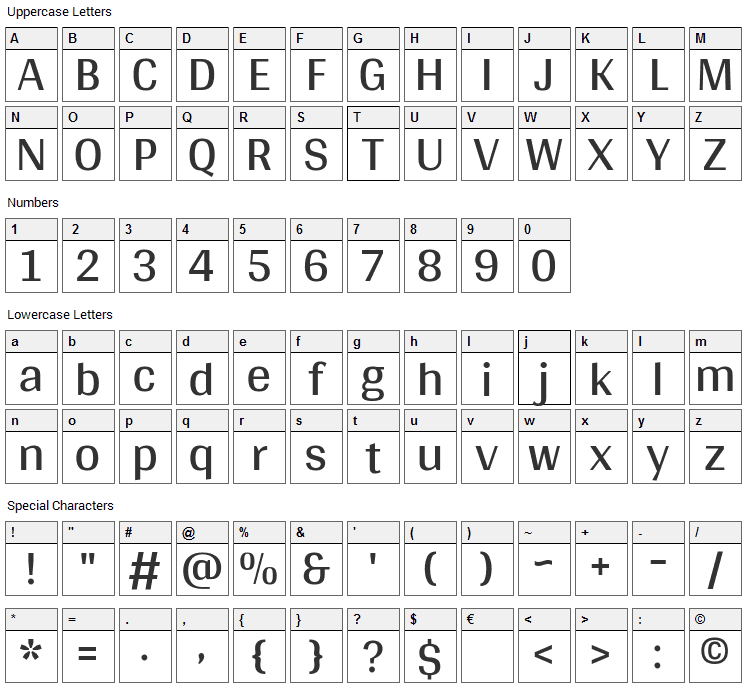 Arya Font Character Map