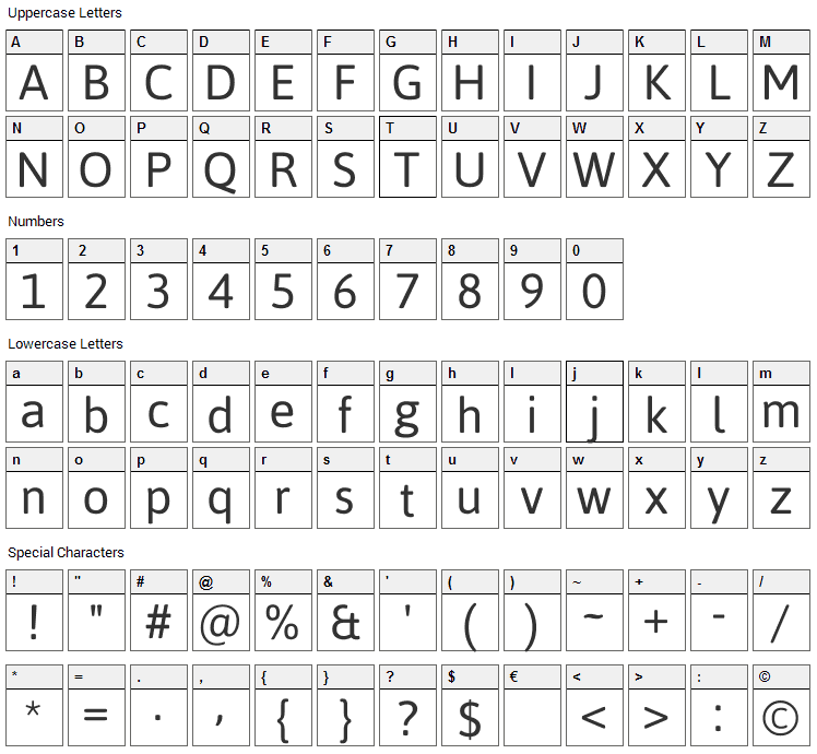 Asap Font Character Map