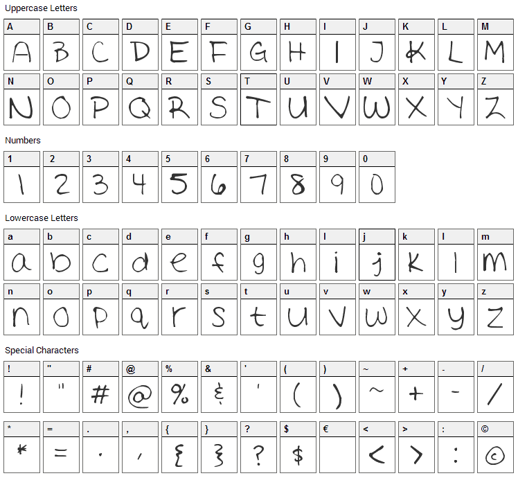 Ashleys Handwriting Font Character Map