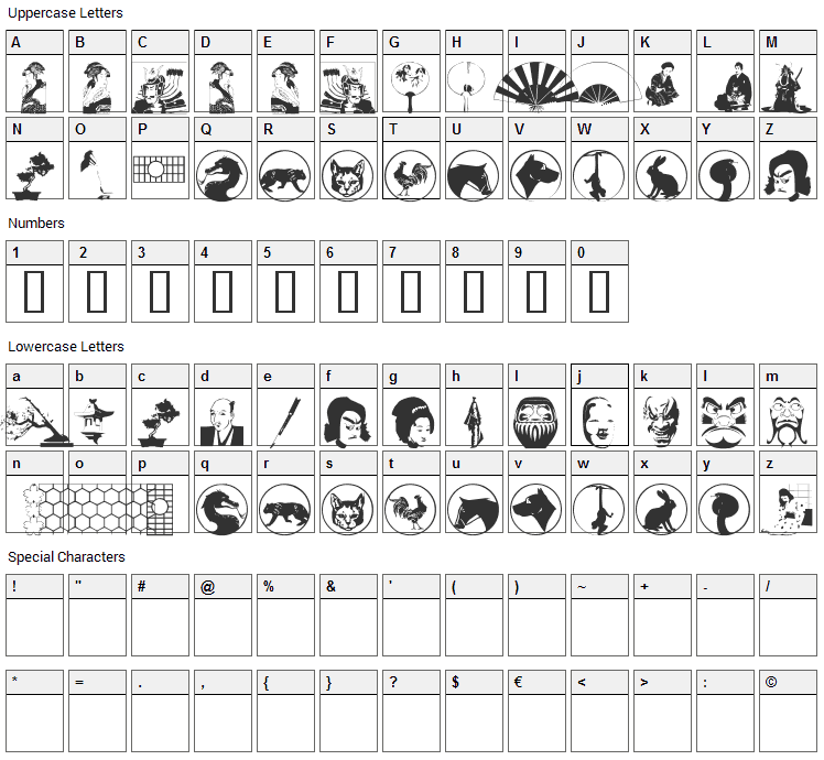 Asian Dings Font Character Map
