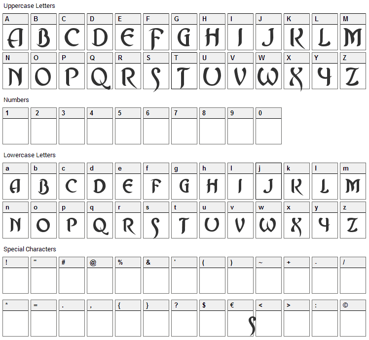 Asrafel Font Character Map