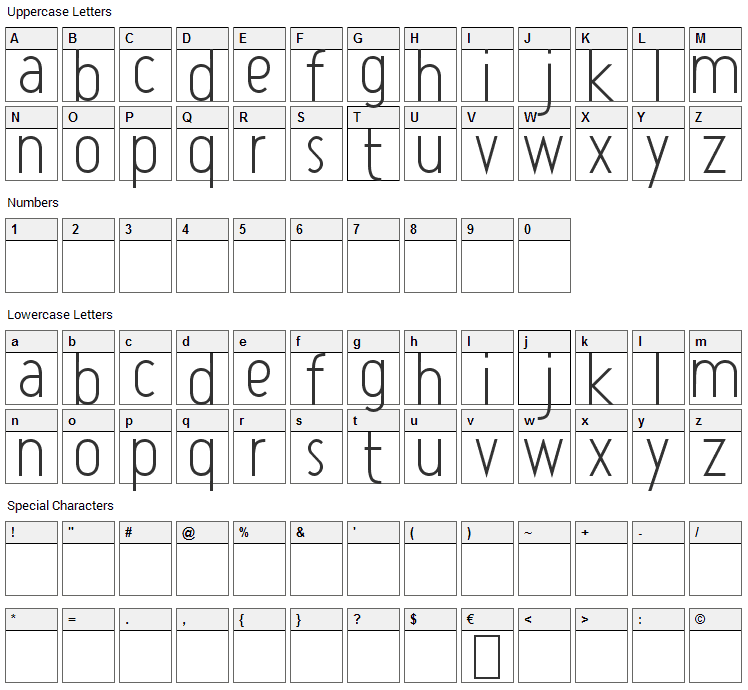 Atype 1 Font Character Map