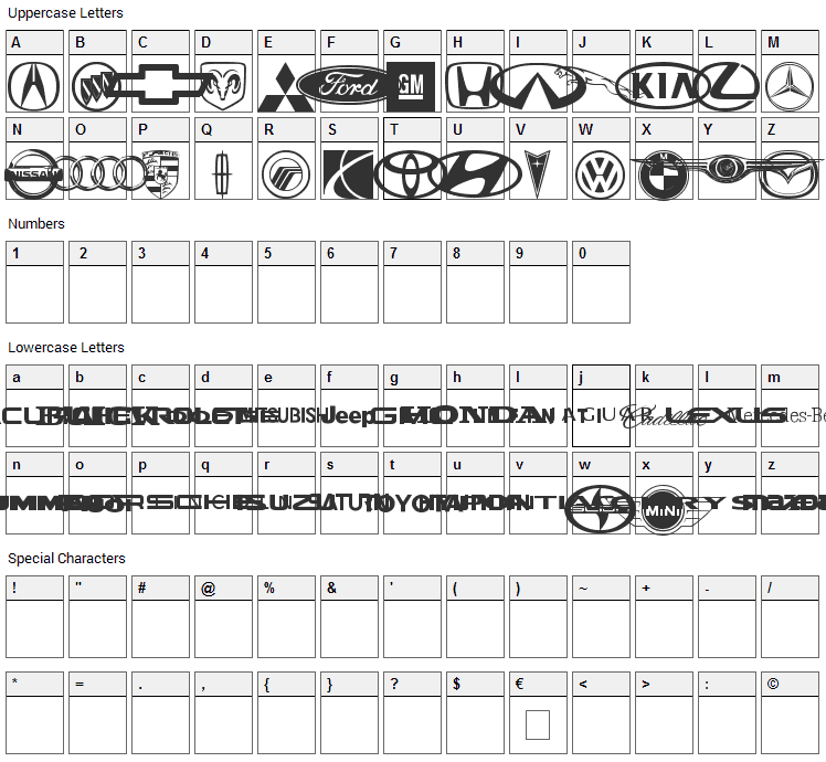 Auto Motive Font Character Map